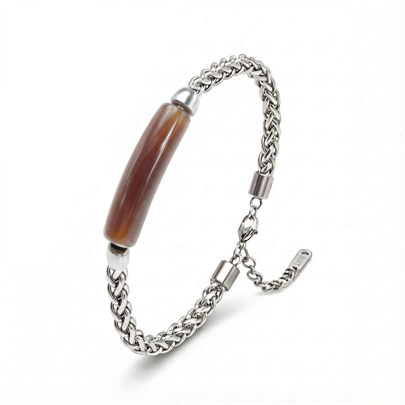 Kahve Akik Doğal Taşlı Ve Ayarlanabilir Çelik Zincir Bileklik