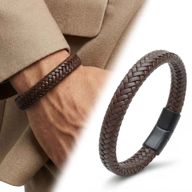 Kahve Deri Örgü Bileklik Zamak Kilit Kahve Deri Örgü Bileklik Zamak Kilit