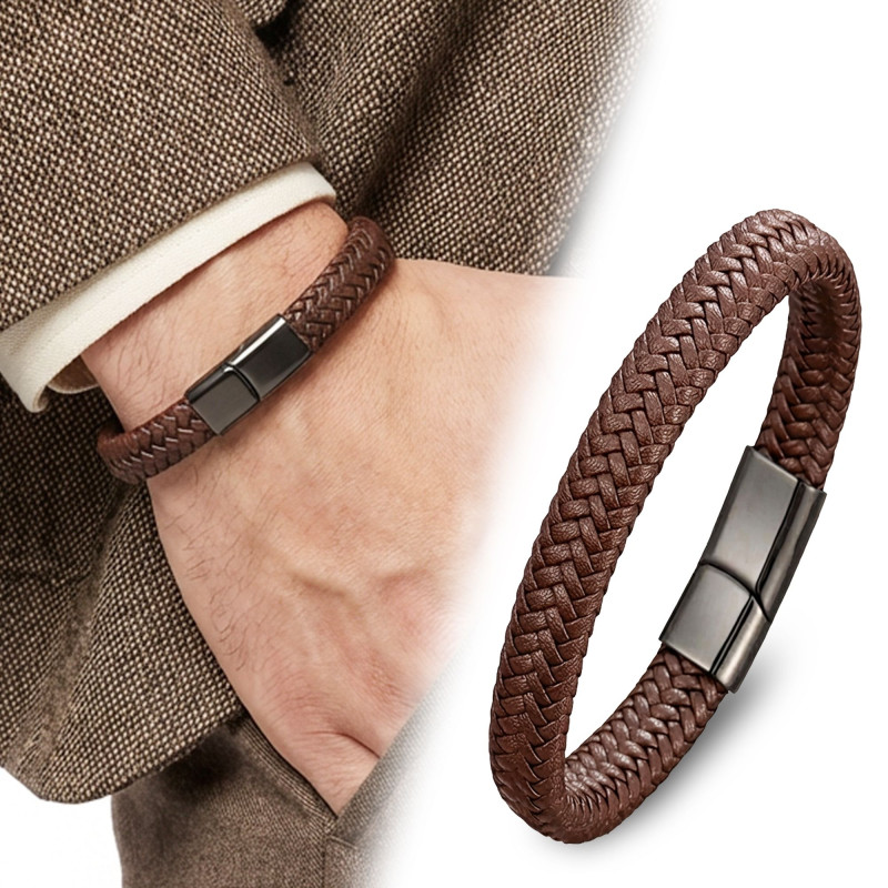 Kahve Deri Örgü Çelik Bileklik Kahve Deri Örgü Çelik Bileklik