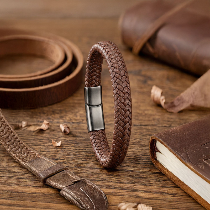 Kahve Deri Örgü Çelik Bileklik Kahve Deri Örgü Çelik Bileklik