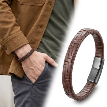 Kahve Deri Örgü Ve Çelik Bileklik