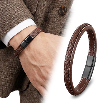 Kahve & Kahve Saç Örgülü Deri Ve Titanyum Kilit Çelik Bileklik