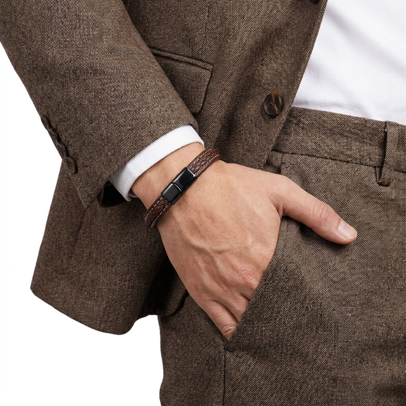 Kahve & Kahve Saç Örgülü Deri Ve Titanyum Kilit Çelik Bileklik