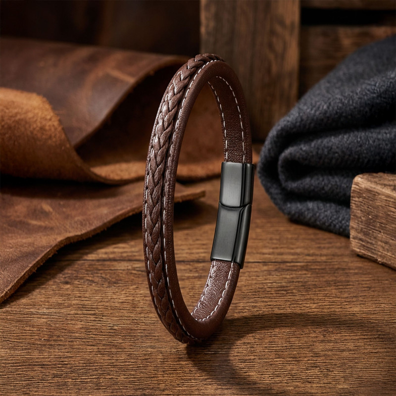 Kahve & Kahve Saç Örgülü Deri Ve Titanyum Kilit Çelik Bileklik