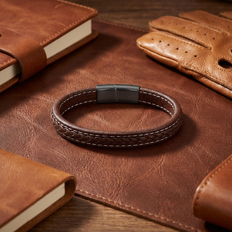 Kahve & Kahve Saç Örgülü Deri Ve Titanyum Kilit Çelik Bileklik