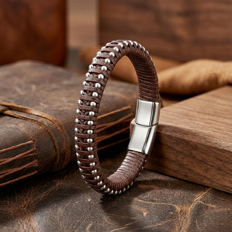 Kahve Rengi Deri Ve Damla Çelik Zincirli Bileklik