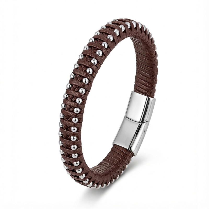 Kahve Rengi Deri Ve Damla Çelik Zincirli Bileklik