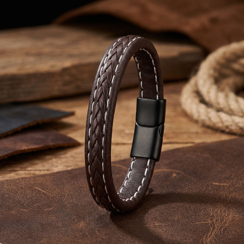 Kahve Saç Örgülü Deri Bileklik Zamak Kilit