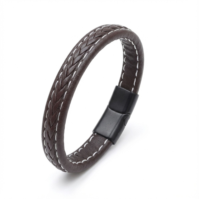 Kahve Saç Örgülü Deri Bileklik Zamak Kilit