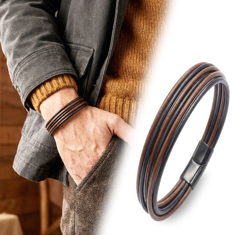 Kahve Siyah Çoklu Deri Ve Titianyum Kilitli Çelik Bileklik Kahve Siyah Çoklu Deri Ve Titianyum Kilitli Çelik Bileklik