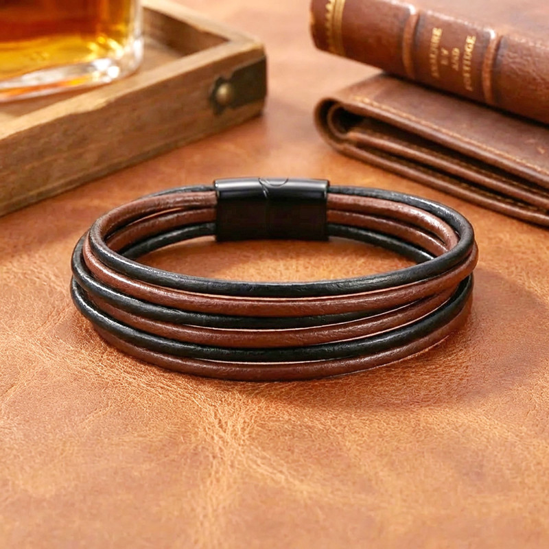 Kahve Siyah Çoklu Deri Ve Titianyum Kilitli Çelik Bileklik Kahve Siyah Çoklu Deri Ve Titianyum Kilitli Çelik Bileklik