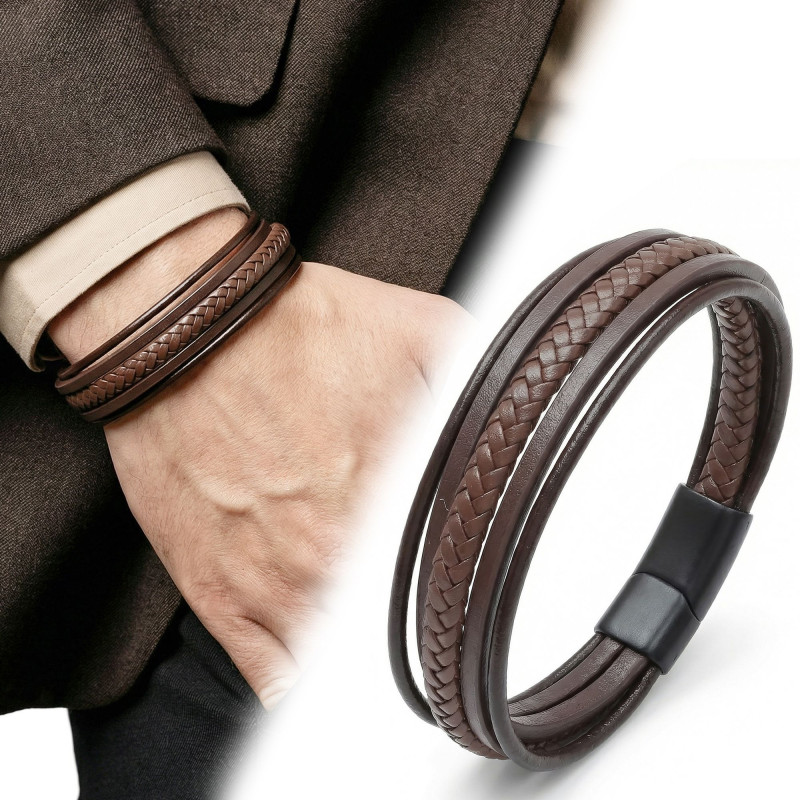 Kahve Tüp Örgü Ve Çoklu Deri Bileklik - Zamak Kilit Kahve Tüp Örgü Ve Çoklu Deri Bileklik - Zamak Kilit