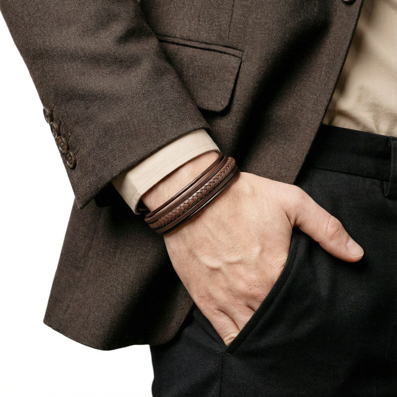 Kahve Tüp Örgü Ve Çoklu Deri Bileklik - Zamak Kilit Kahve Tüp Örgü Ve Çoklu Deri Bileklik - Zamak Kilit