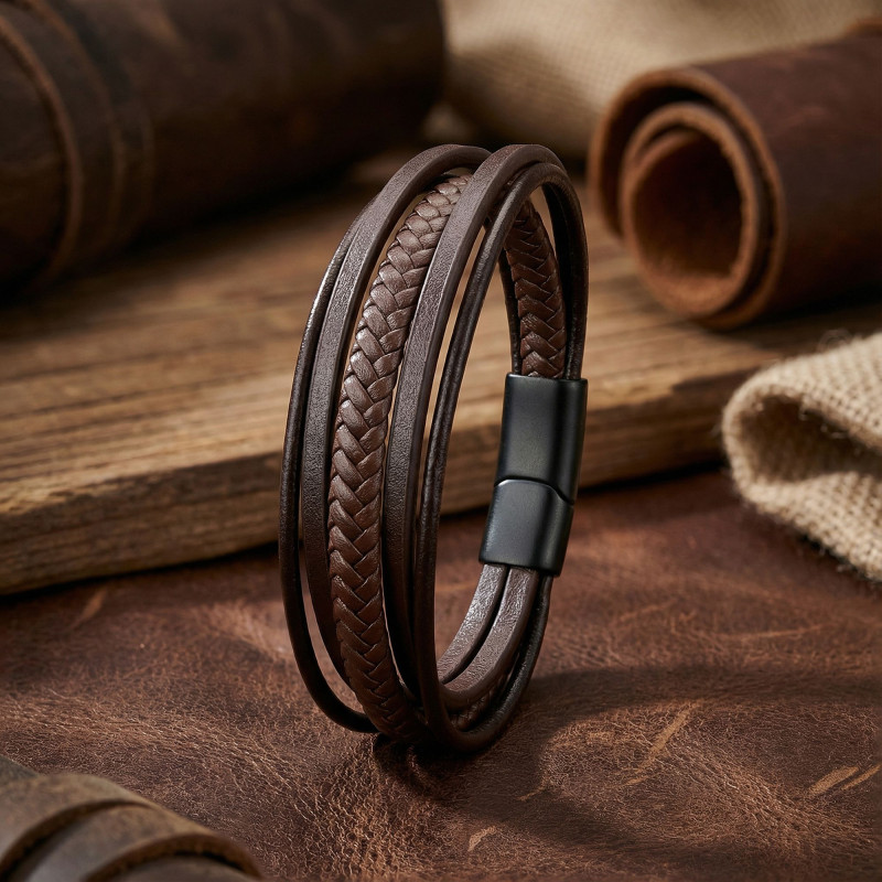 Kahve Tüp Örgü Ve Çoklu Deri Bileklik - Zamak Kilit Kahve Tüp Örgü Ve Çoklu Deri Bileklik - Zamak Kilit