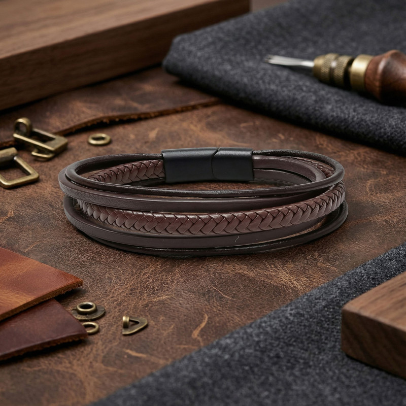 Kahve Tüp Örgü Ve Çoklu Deri Bileklik - Zamak Kilit Kahve Tüp Örgü Ve Çoklu Deri Bileklik - Zamak Kilit