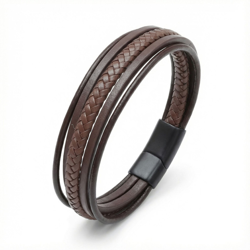 Kahve Tüp Örgü Ve Çoklu Deri Bileklik - Zamak Kilit Kahve Tüp Örgü Ve Çoklu Deri Bileklik - Zamak Kilit