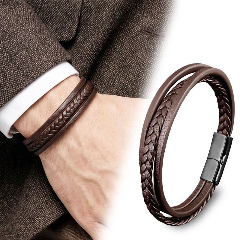 Kahverengi Deri Erkek Bileklik – Titanyum Çelik Manyetik Kilitli Kahverengi Deri Erkek Bileklik – Titanyum Çelik Manyetik Kilitli