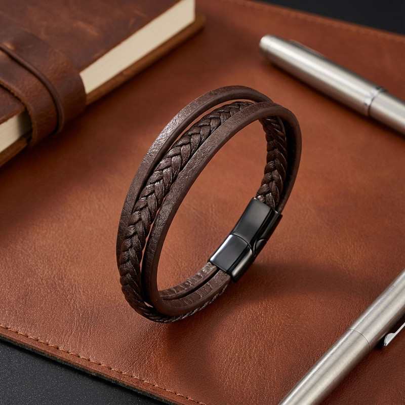 Kahverengi Deri Erkek Bileklik – Titanyum Çelik Manyetik Kilitli Kahverengi Deri Erkek Bileklik – Titanyum Çelik Manyetik Kilitli