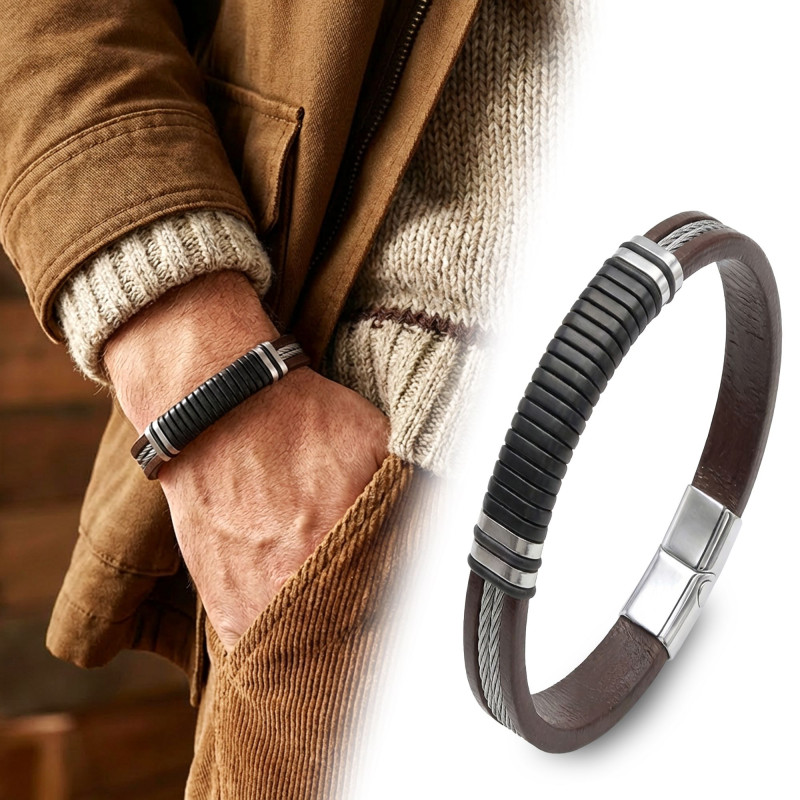 Kahverengi Deri ve 316L Halat Çelik Erkek Bileklik Kahverengi Deri ve 316L Halat Çelik Erkek Bileklik