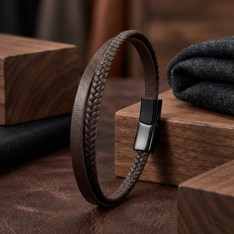 Kahverengi Deri Ve Saç Örgü İkili Çoklu Çelik Bileklik