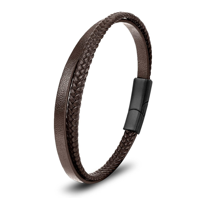 Kahverengi Deri Ve Saç Örgü İkili Çoklu Çelik Bileklik