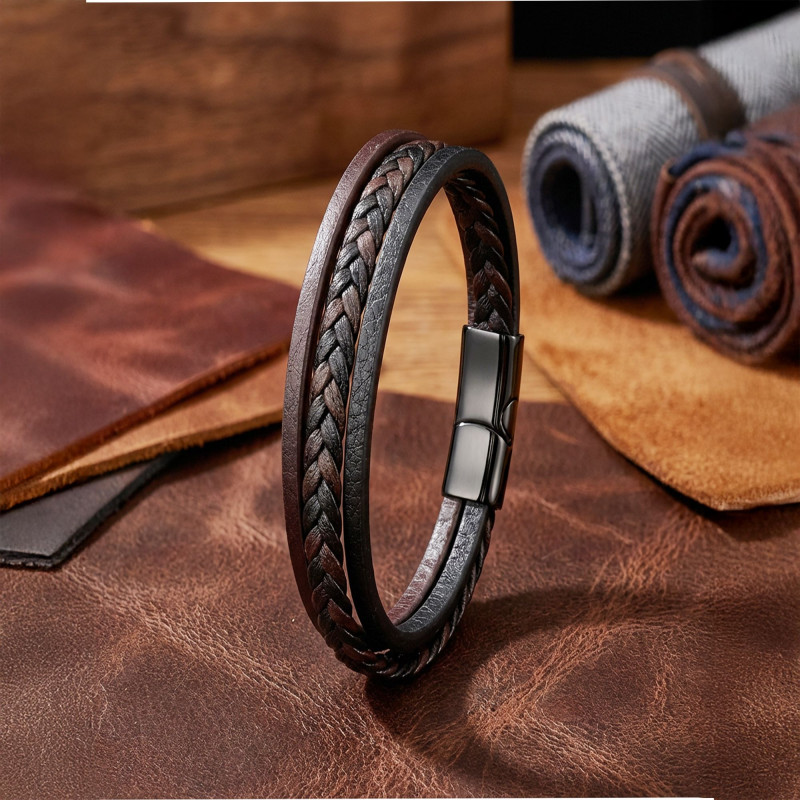 Kahverengi Siyah Deri Erkek Bileklik – Titanyum Çelik Manyetik Kilitli Kahverengi Siyah Deri Erkek Bileklik – Titanyum Çelik Manyetik Kilitli