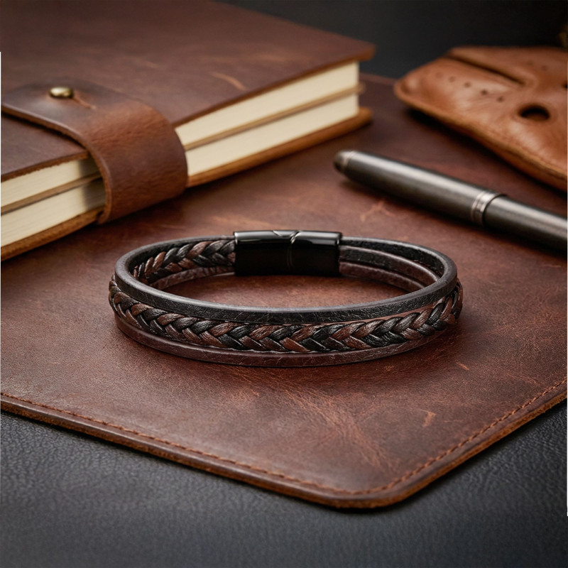 Kahverengi Siyah Deri Erkek Bileklik – Titanyum Çelik Manyetik Kilitli Kahverengi Siyah Deri Erkek Bileklik – Titanyum Çelik Manyetik Kilitli