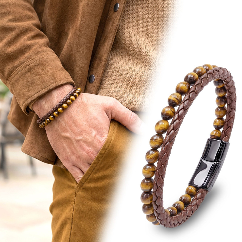 Kaplan Gözü Doğaltaş Deri Erkek Bileklik