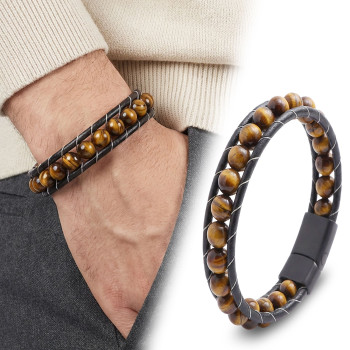 Tiger's Eye Natural Stone Leather Bracelet