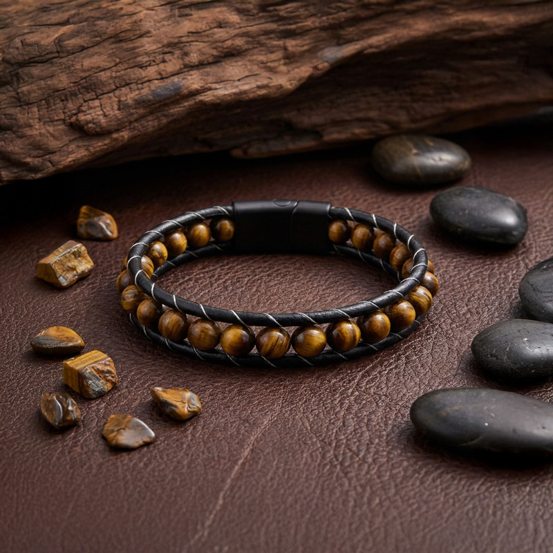 Tiger's Eye Natural Stone Leather Bracelet