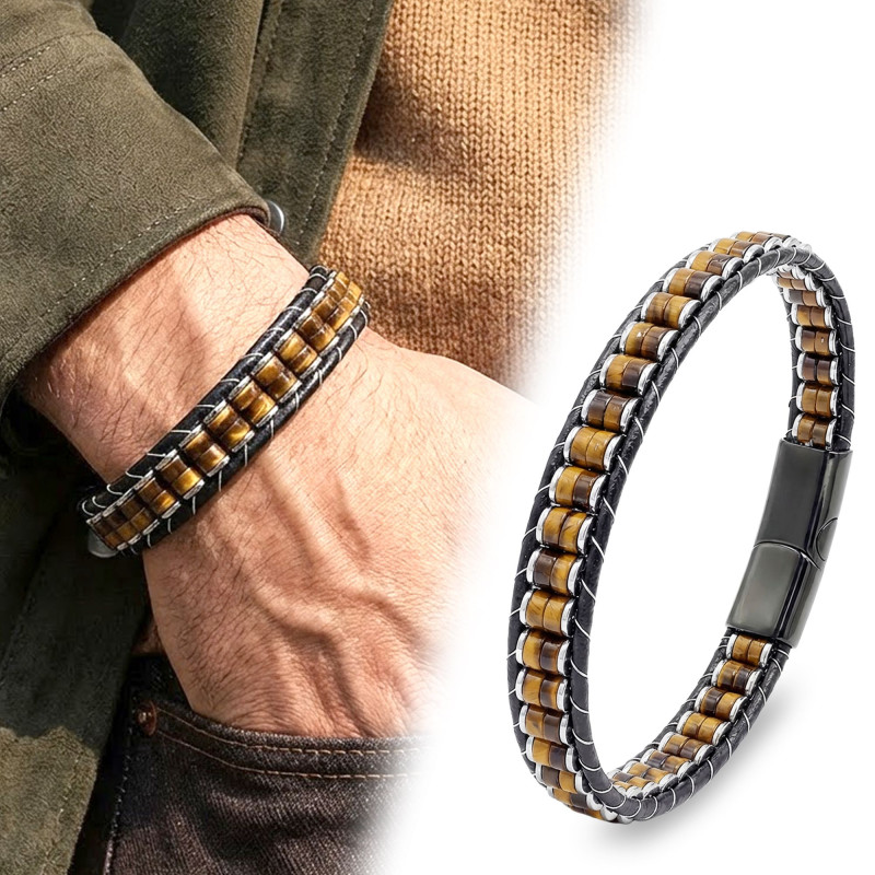 Kaplan Gözü & Hematit Çelik Örgülü Deri Bileklik