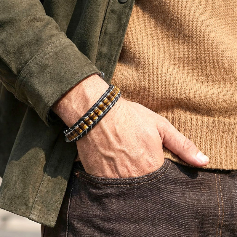 Kaplan Gözü & Hematit Çelik Örgülü Deri Bileklik