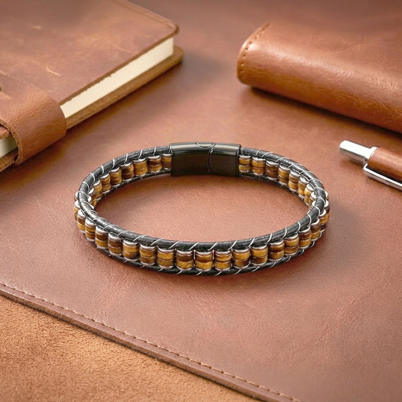 Kaplan Gözü & Hematit Çelik Örgülü Deri Bileklik