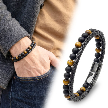 Kaplan Gözü Ve Oniks Doğaltaş Deri Çelik Bileklik