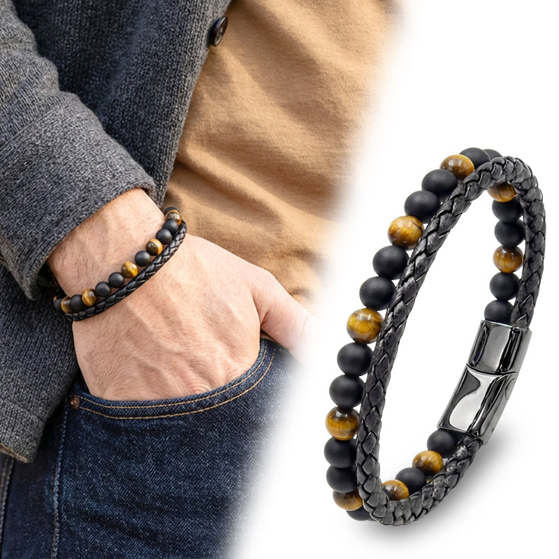 Kaplan Gözü Ve Oniks Doğaltaş Deri Çelik Bileklik Kaplan Gözü Ve Oniks Doğaltaş Deri Çelik Bileklik