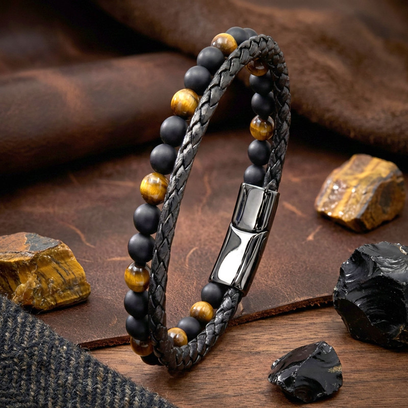 Kaplan Gözü Ve Oniks Doğaltaş Deri Çelik Bileklik Kaplan Gözü Ve Oniks Doğaltaş Deri Çelik Bileklik