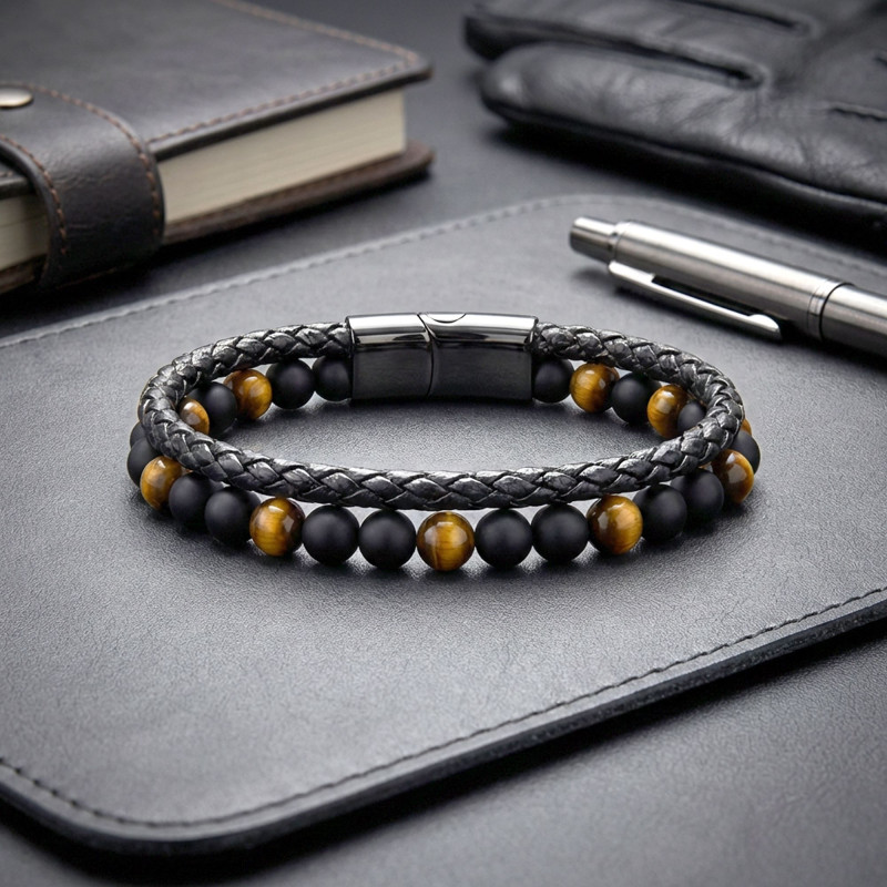 Kaplan Gözü Ve Oniks Doğaltaş Deri Çelik Bileklik Kaplan Gözü Ve Oniks Doğaltaş Deri Çelik Bileklik