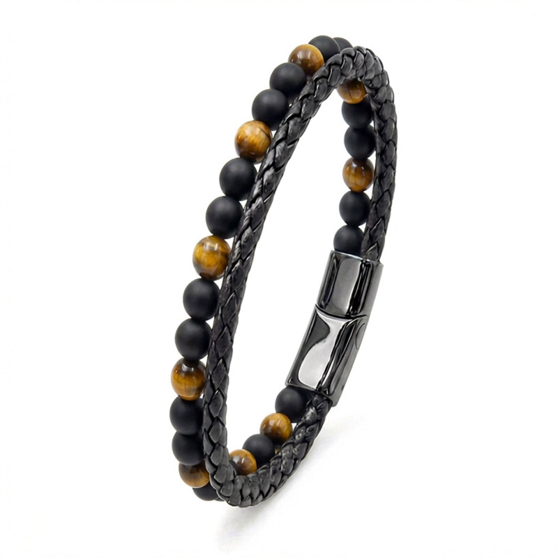 Kaplan Gözü Ve Oniks Doğaltaş Deri Çelik Bileklik Kaplan Gözü Ve Oniks Doğaltaş Deri Çelik Bileklik
