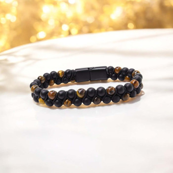 Kaplan Gözü Ve Oniks Doğaltaş ve Çelik Halatlı Erkek Bileklik Kaplan Gözü Ve Oniks Doğaltaş ve Çelik Halatlı Erkek Bileklik