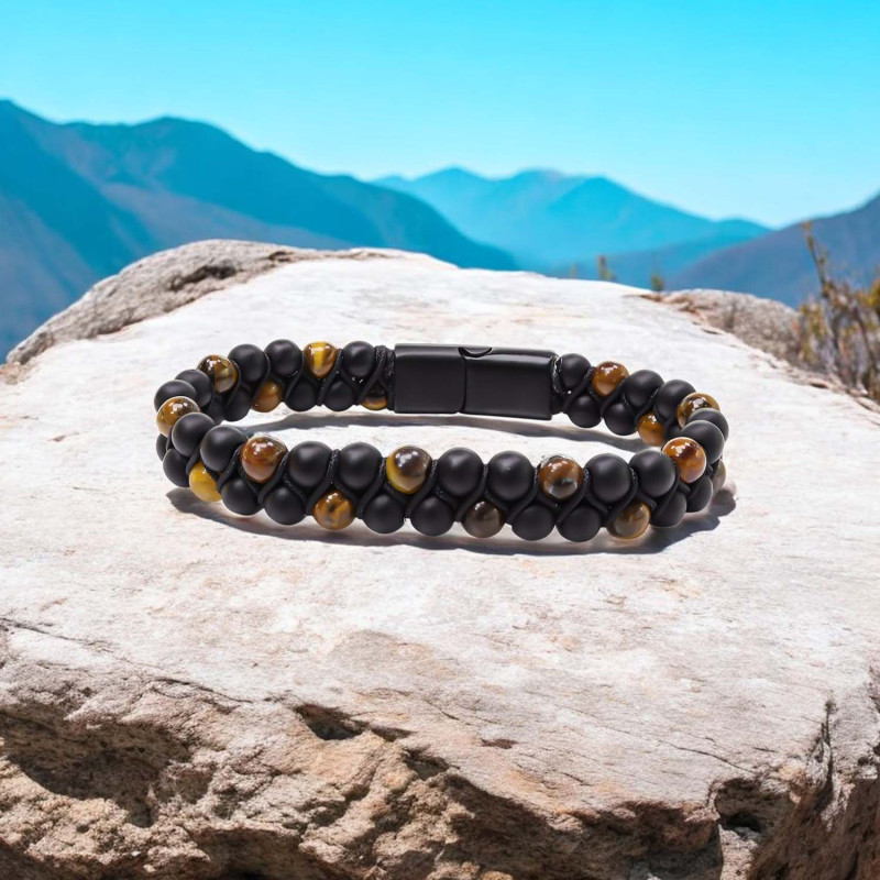 Kaplan Gözü Ve Oniks Doğaltaş ve Çelik Halatlı Erkek Bileklik