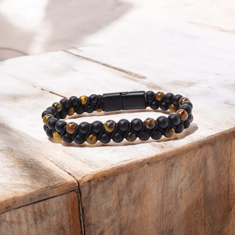 Kaplan Gözü Ve Oniks Doğaltaş ve Çelik Halatlı Erkek Bileklik