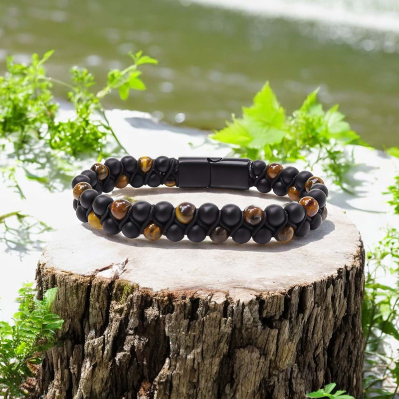 Kaplan Gözü Ve Oniks Doğaltaş ve Çelik Halatlı Erkek Bileklik