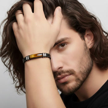 Kaplangözü Taş & Deri Kordonlu Titanyum Çelik Erkek Bileklik