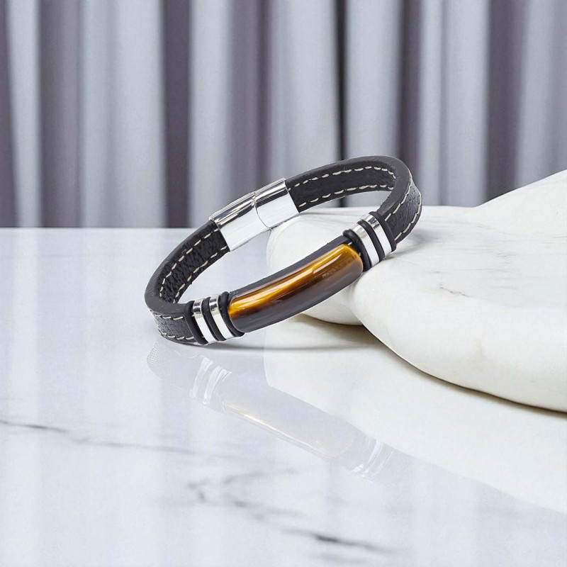 Kaplangözü Taş & Deri Kordonlu Titanyum Çelik Erkek Bileklik
