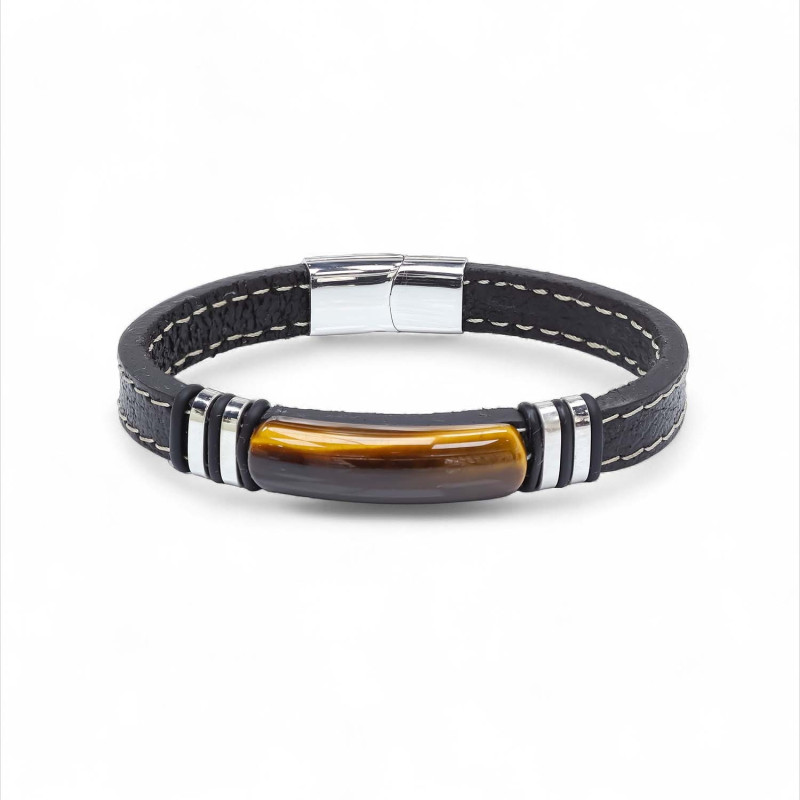 Kaplangözü Taş & Deri Kordonlu Titanyum Çelik Erkek Bileklik