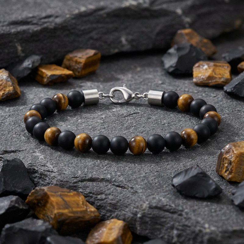 Kaplangözü Ve Oniks Doğal Taşlı Ayarlanabilir Çelik Zincir Bileklik