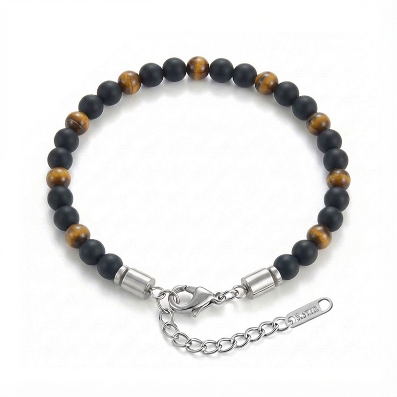 Kaplangözü Ve Oniks Doğal Taşlı Ayarlanabilir Çelik Zincir Bileklik