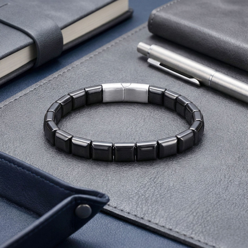 Kare Hematit Doğaltaşlı Çelik Halat Ve Klips Bileklik