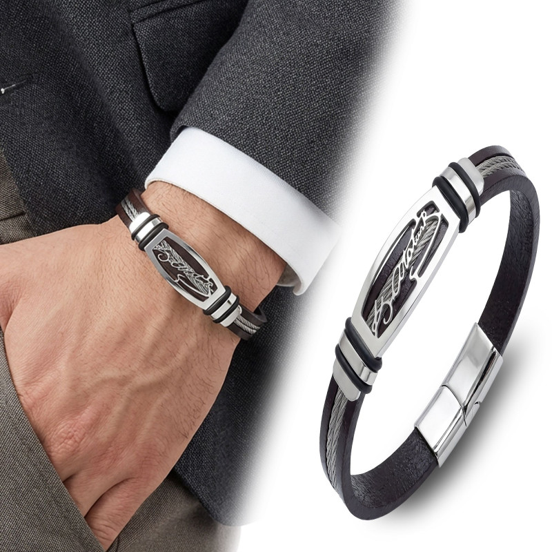 Kemal Atatürk Deri Kordonlu Çelik Halatlı Erkek Bileklik