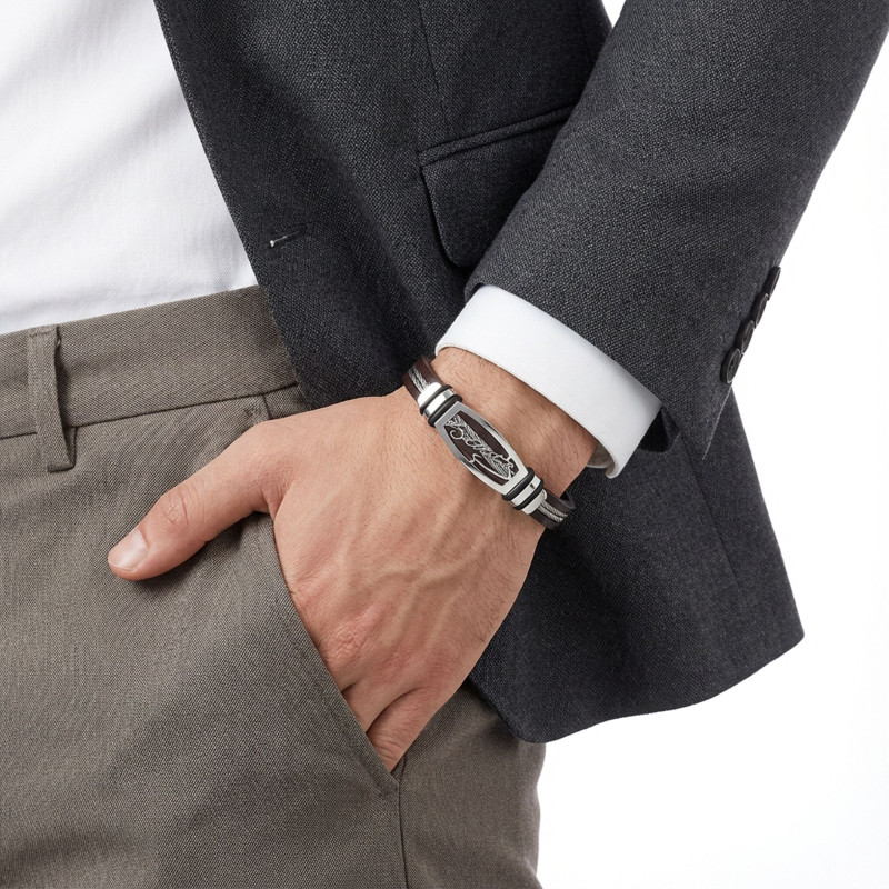 Kemal Atatürk Deri Kordonlu Çelik Halatlı Erkek Bileklik